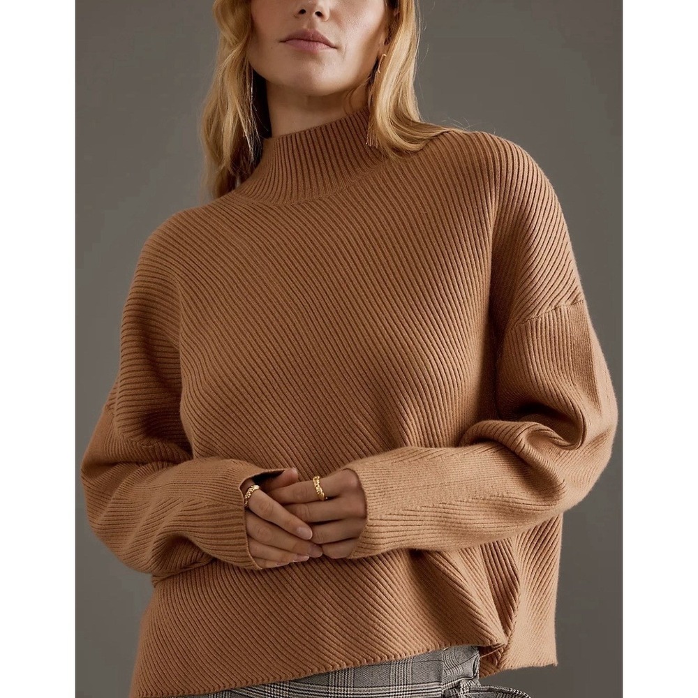 Maeve Anthropologie Ribbed Mock Neck Boxy Sweater In Honey - Size Large